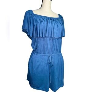 Elan Navy Blue Ruffle Off Shoulder Scoop Neck Jersey Knit Boho Romper Small